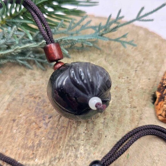 Nature Silver Obsidian Cat Eye Flash Daruma Doll Pendant Necklace - Picture 5 of 10